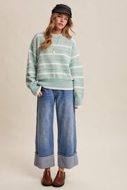 Sea Green Aqua Striped Open-Stitch Pullover Sweater | S-L