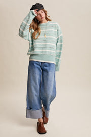 Sea Green Aqua Striped Open-Stitch Pullover Sweater | S-L