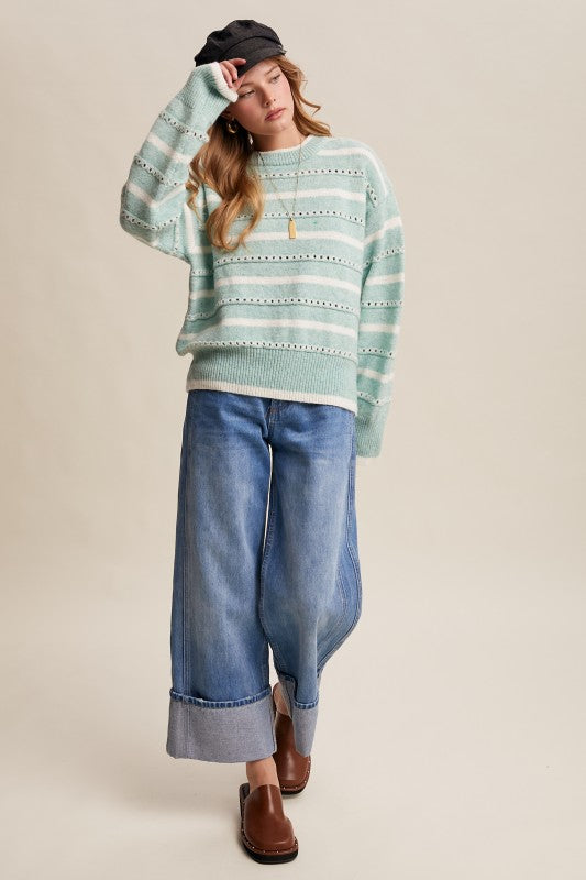 Sea Green Aqua Striped Open-Stitch Pullover Sweater | S-L
