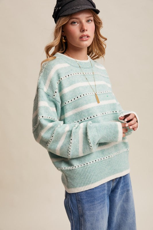 Sea Green Aqua Striped Open-Stitch Pullover Sweater | S-L