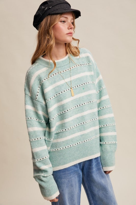 Sea Green Aqua Striped Open-Stitch Pullover Sweater | S-L