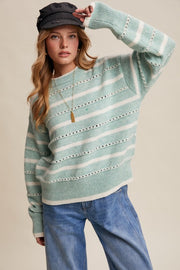 Sea Green Aqua Striped Open-Stitch Pullover Sweater | S-L