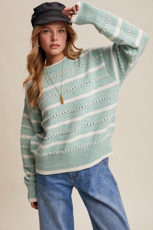 Sea Green Aqua Striped Open-Stitch Pullover Sweater | S-L