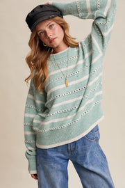 Sea Green Aqua Striped Open-Stitch Pullover Sweater | S-L