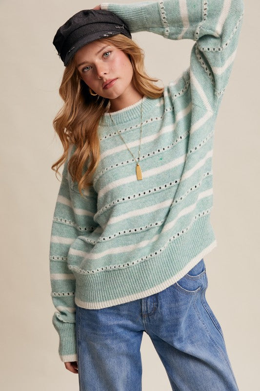 Sea Green Aqua Striped Open-Stitch Pullover Sweater | S-L