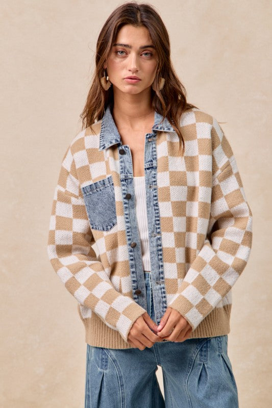 Mixed Knit Checkered and Denim Sweater | S-XL