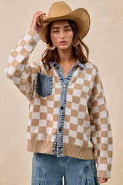 Mixed Knit Checkered and Denim Sweater | S-XL
