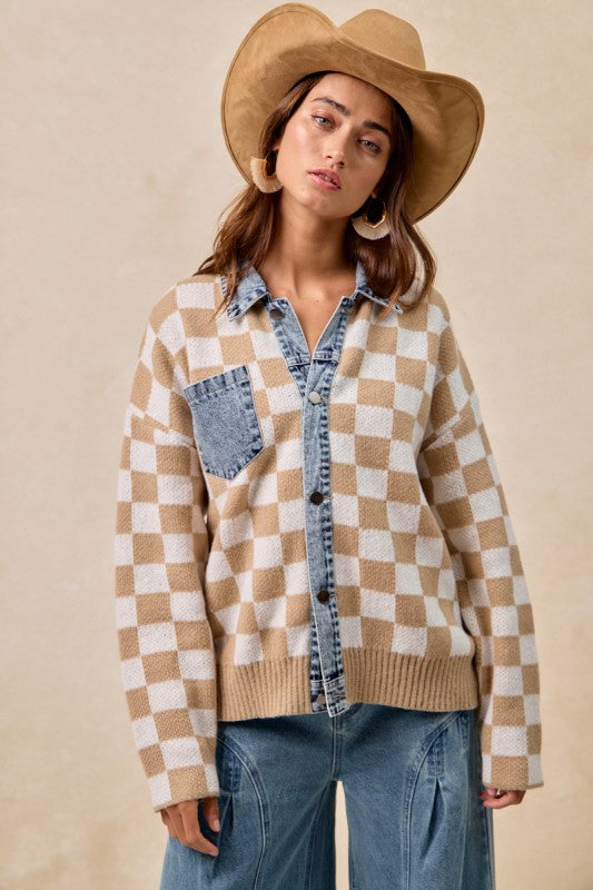 Mixed Knit Checkered and Denim Sweater | S-XL