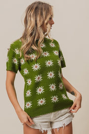 Green Starflower Short Sleeve Sweater | S-XL