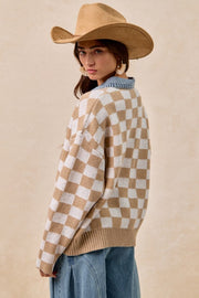 Mixed Knit Checkered and Denim Sweater | S-XL