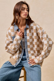 Mixed Knit Checkered and Denim Sweater | S-XL