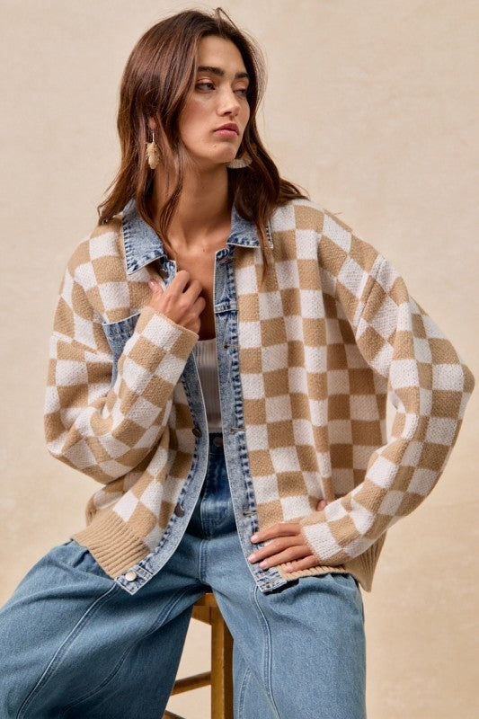 Mixed Knit Checkered and Denim Sweater | S-XL