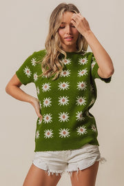 Green Starflower Short Sleeve Sweater | S-XL