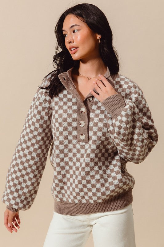 Half Button Checkered Sweater | S