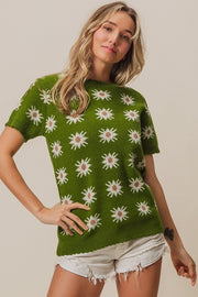 Green Starflower Short Sleeve Sweater | S-XL