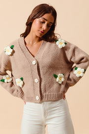 Flower Appliqué Taupe Cardigan | S-XL