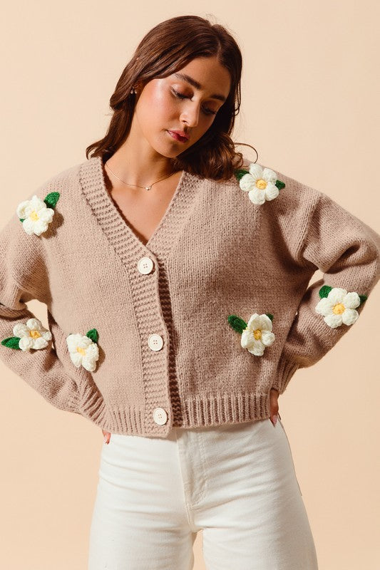 Flower Appliqué Taupe Cardigan | S-XL