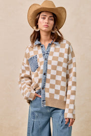 Mixed Knit Checkered and Denim Sweater | S-XL
