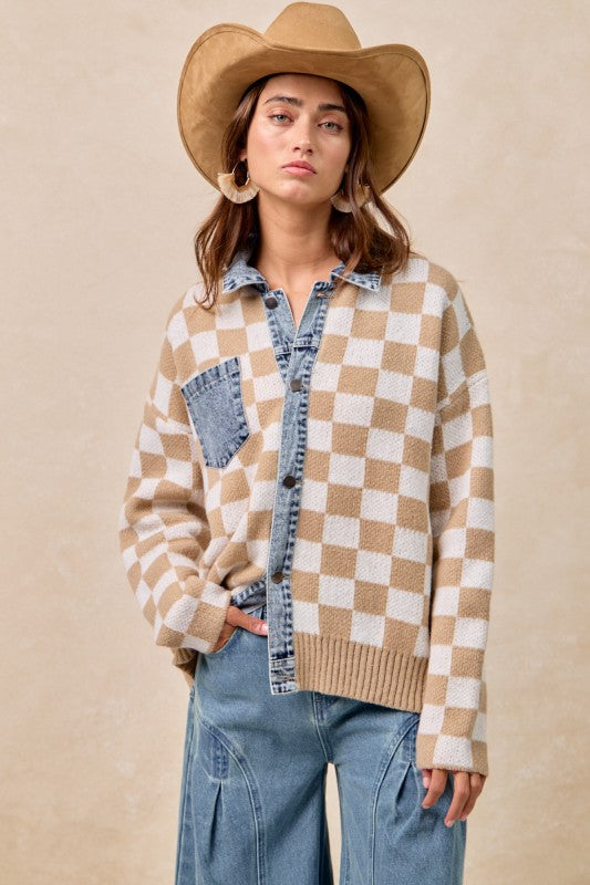 Mixed Knit Checkered and Denim Sweater | S-XL