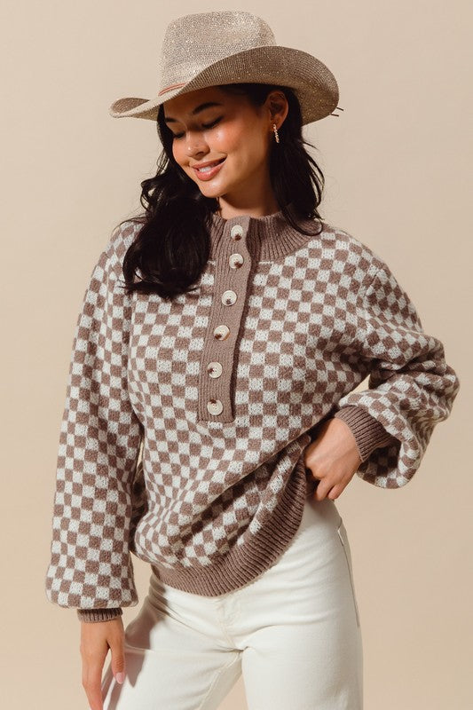 Half Button Checkered Sweater | S