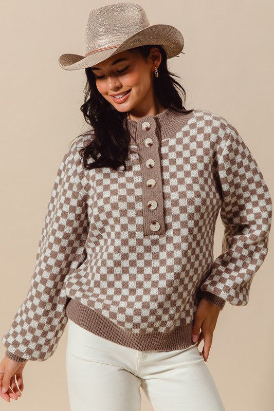 Half Button Checkered Sweater | S