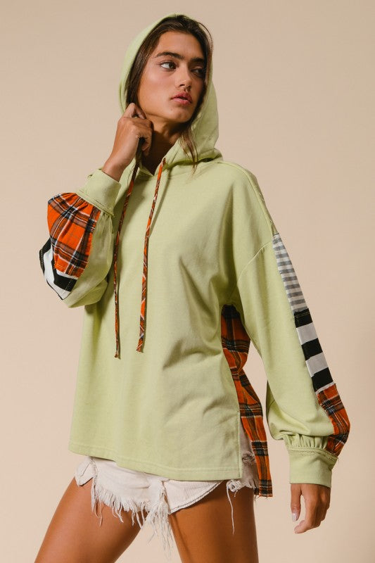 Retro Lime Plaid & Stripes Hooded Pullover | S-XL