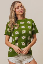 Green Starflower Short Sleeve Sweater | S-XL