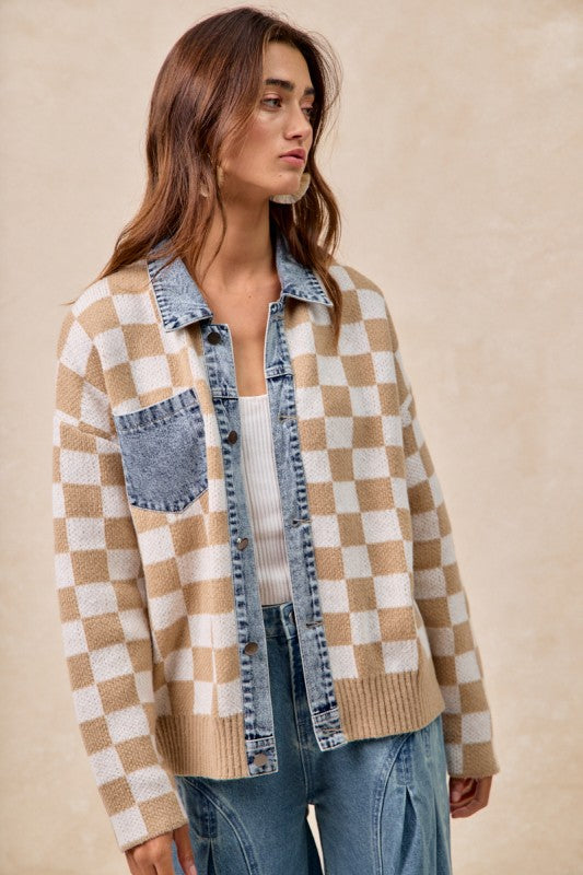 Mixed Knit Checkered and Denim Sweater | S-XL