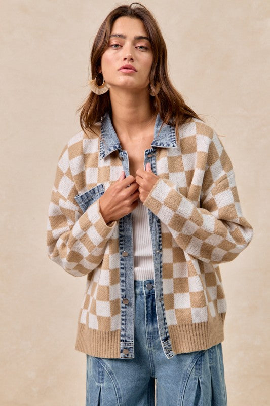Mixed Knit Checkered and Denim Sweater | S-XL