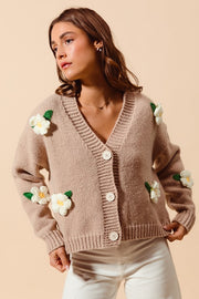 Flower Appliqué Taupe Cardigan | S-XL