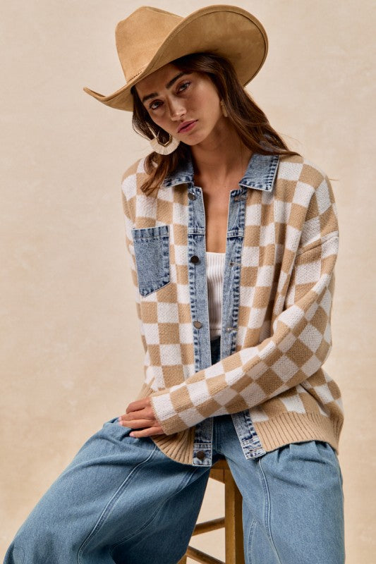 Mixed Knit Checkered and Denim Sweater | S-XL