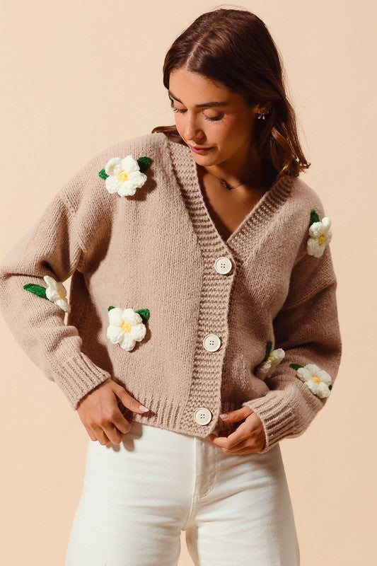 Flower Appliqué Taupe Cardigan | S-XL