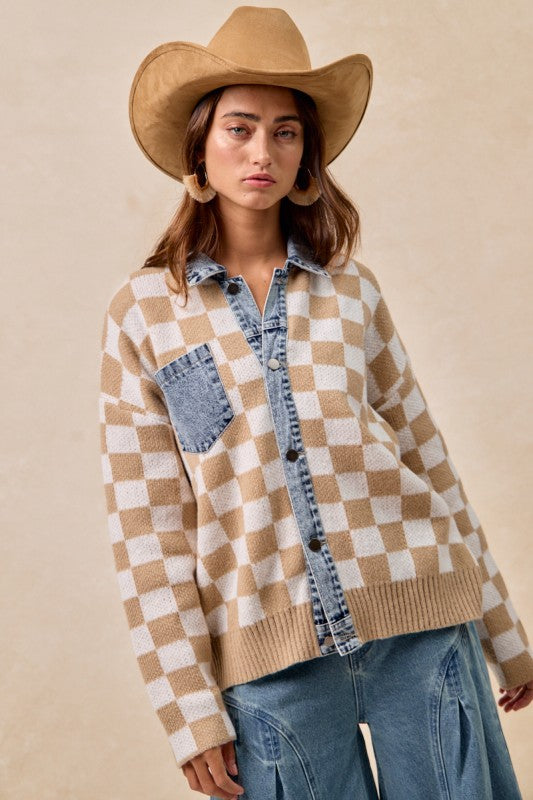 Mixed Knit Checkered and Denim Sweater | S-XL