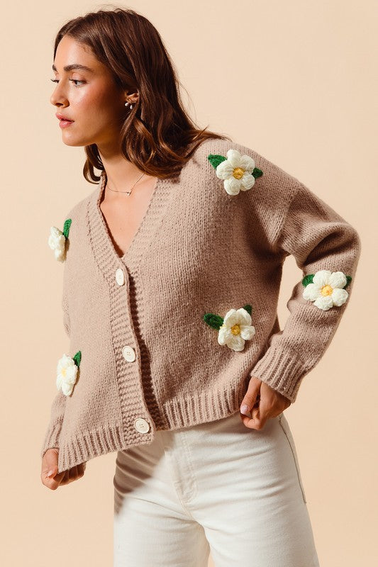 Flower Appliqué Taupe Cardigan | S-XL