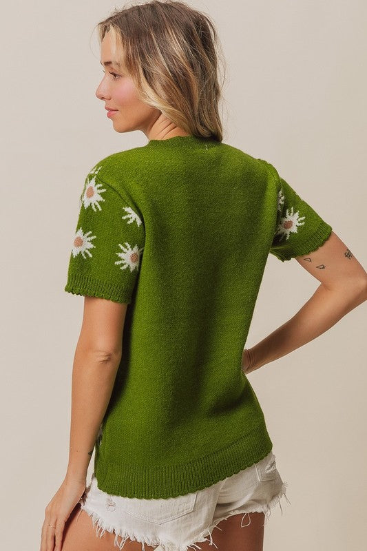 Green Starflower Short Sleeve Sweater | S-XL