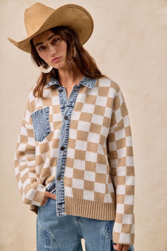 Mixed Knit Checkered and Denim Sweater | S-XL
