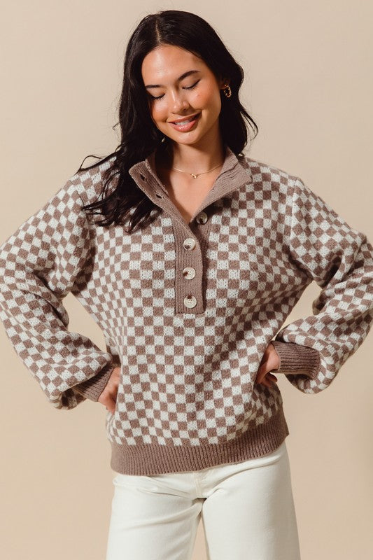 Half Button Checkered Sweater | S