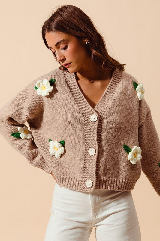 Flower Appliqué Taupe Cardigan | S-XL