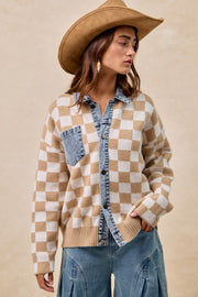 Mixed Knit Checkered and Denim Sweater | S-XL