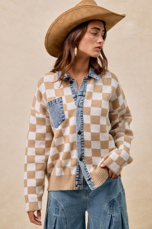 Mixed Knit Checkered and Denim Sweater | S-XL