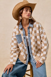 Mixed Knit Checkered and Denim Sweater | S-XL