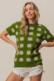 Green Starflower Short Sleeve Sweater | S-XL