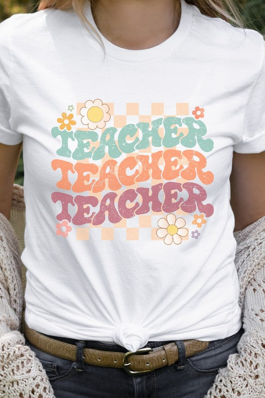 Checkered Pastel Teacher Echo Floral Graphic Tee | S-XL
