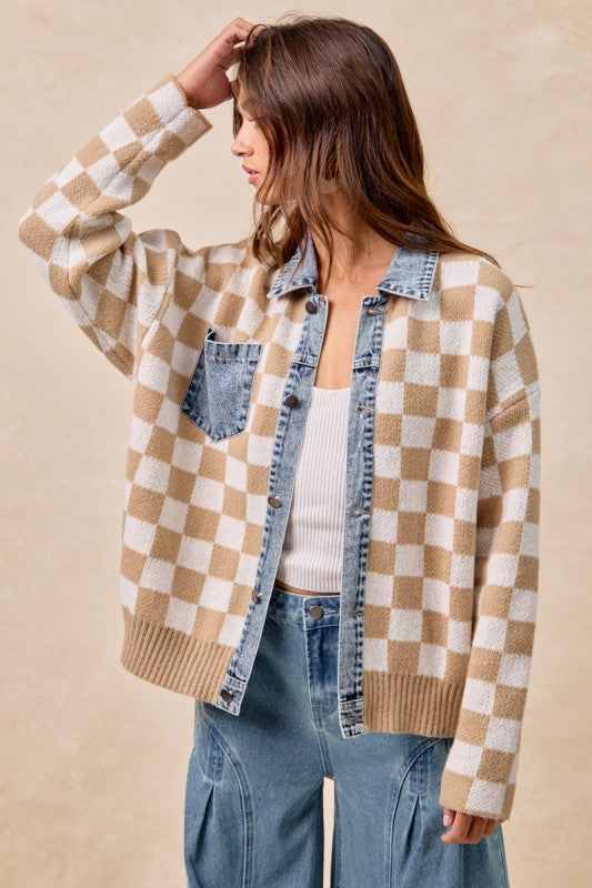 Mixed Knit Checkered and Denim Sweater | S-XL