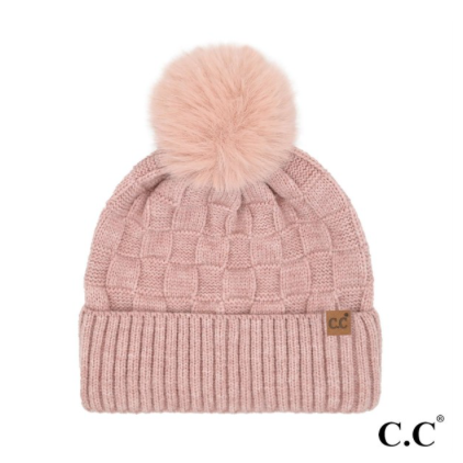 C.C® Weave Checkered Texture Pom Beanie | 4 COLORS