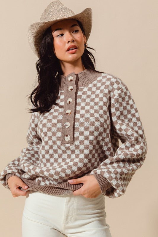 Half Button Checkered Sweater | S