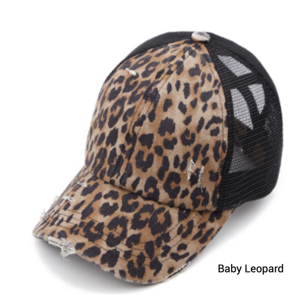 Leopard Print Distressed C.C® Criss-Cross Messy Bun Trucker Hat | 2 PRINTS