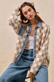 Mixed Knit Checkered and Denim Sweater | S-XL