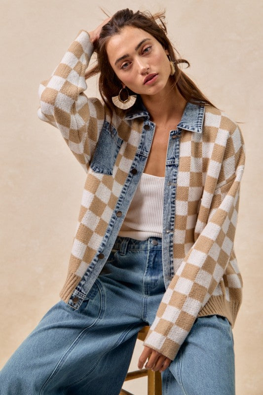 Mixed Knit Checkered and Denim Sweater | S-XL