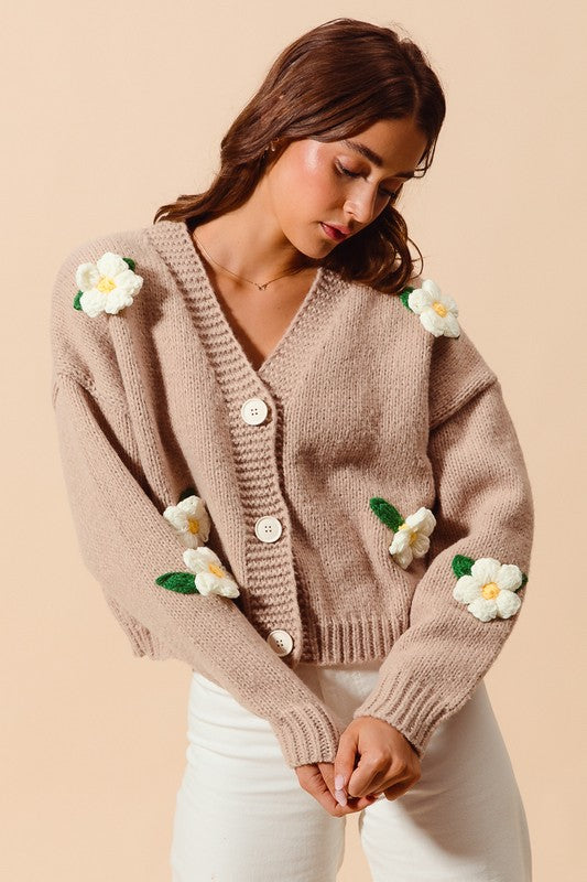 Flower Appliqué Taupe Cardigan | S-XL